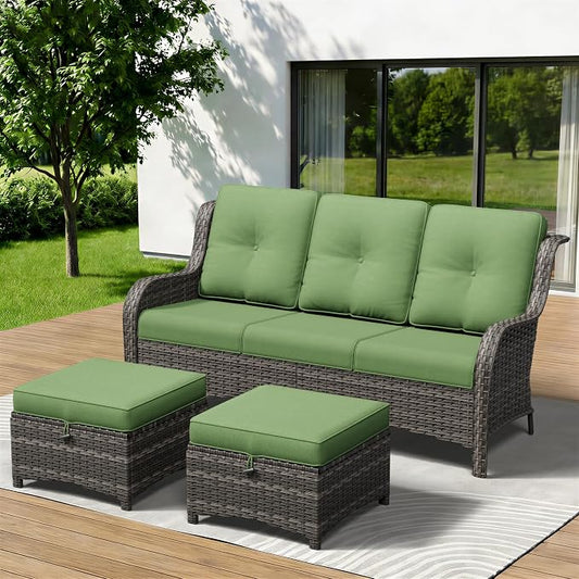 3-Piece Outdoor Couch Set, Include Wicker Patio Sofa with Thickened Olefin Cushions, High Back and Deep Seating, Hand-Woven PE Rattan and 2 Ottomans, Patio Conversation Set for Porch, Deck