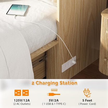 VINGLI Full Murphy Bed with Storage Drawer,2 Charging Station,Fluted Wooden Foldable Bed Cabinet,Boho,Hideaway Paltform Panel Bed for Small Spaces,Guest Room,Office,Apartment,Beige