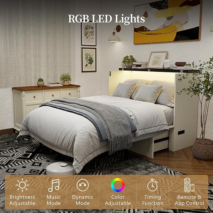 Ihanherry Full Murphy Bed with Storage Drawer, Farmhouse Cabinet Bed with LED Lights & Charging Station, Space Saving Wall Bed for Small Bedroom/Home Office, Noise Free & Easy Assembly, Rustic White