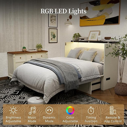 Ihanherry Full Murphy Bed with Storage Drawer, Farmhouse Cabinet Bed with LED Lights & Charging Station, Space Saving Wall Bed for Small Bedroom/Home Office, Noise Free & Easy Assembly, Rustic White