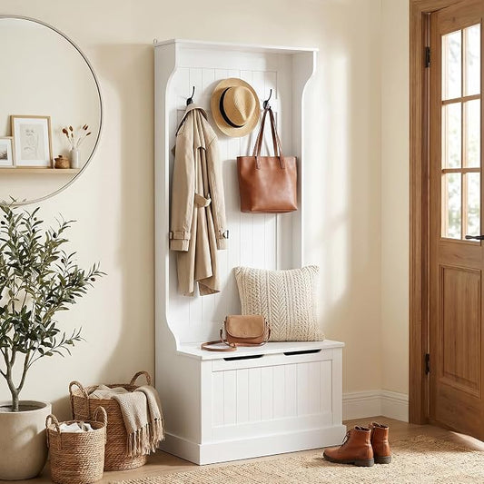 HOMCOM Hall Tree with Bench and Shoe Storage, 3-in-1 Entryway Bench with Coat Rack, 4 Hooks and Flip Top Storage Compartment, White