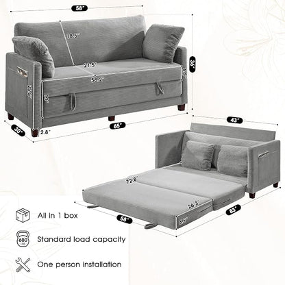 65" Convertible Loveseat Sofa Bed, 2-in-1 Folding Sofa Bed with 2 Pillow for Small Spaces, Modern Loveseat Sleeper Couch for Apartment, Living Room & Guest Room (Corduroy Light Grey, 65 inch)