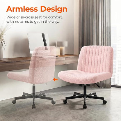Orange Factory Criss Cross Chair Wheels Vanity Chair Office Desk Comfy Wide Cross Legged Armless Teddy Fabric Adjustable Swivel for Home Computer Task (Pink, Teddy Fleece)