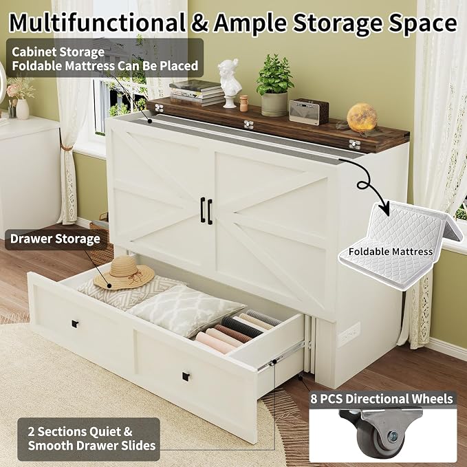 LUXOAK Queen Size Murphy Bed with Charging Station, Cabinet Bed with Large Storage Drawer for Home Office or Small Room, Hideaway Full Foldable Platform Bed, Barnwood+White