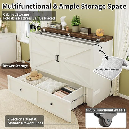 LUXOAK Full Size Murphy Bed with Charging Station, Cabinet Bed with Large Storage Drawer for Home Office or Small Room, Full Foldable Platform Bed, White