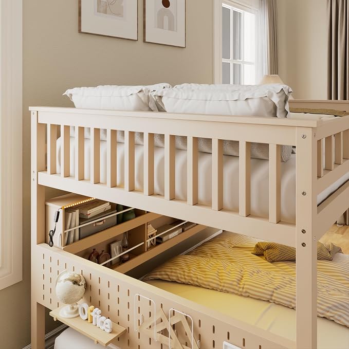 Merax Full Over Full Bunk Bed,Wood bunk Bed with LED,Bed with Integrated Shelving, Color-Changing Lights and Pegboard, Full Over Full, Beige