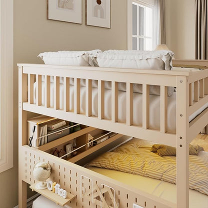 Merax Full Over Full Bunk Bed,Wood bunk Bed with LED,Bed with Integrated Shelving, Color-Changing Lights and Pegboard, Full Over Full, Beige