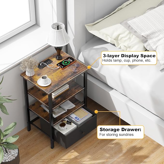 Side Table with Charging Station, Nightstand with Adjustable Fabric Drawer, Bedside Table for Bedrooms, Living Rooms & Home Decor (Brown Black)