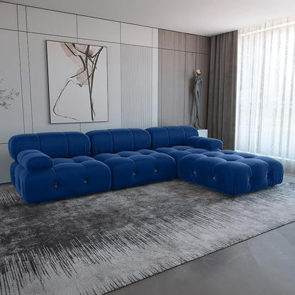 Modern Velvet Sectional Sofa, L Shape Minimalist Modular 4-Seater Sofa with Ottomans for Living Room Office Apartment (104in/Blue)