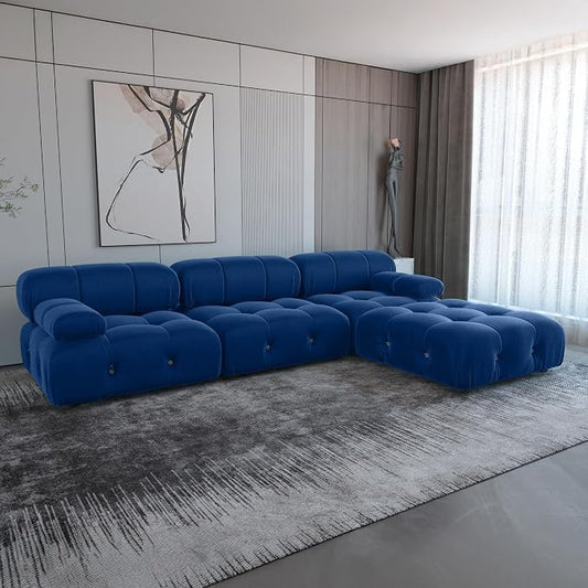 Modern Velvet Sectional Sofa, L Shape Minimalist Modular 4-Seater Sofa with Ottomans for Living Room Office Apartment (104in/Blue)
