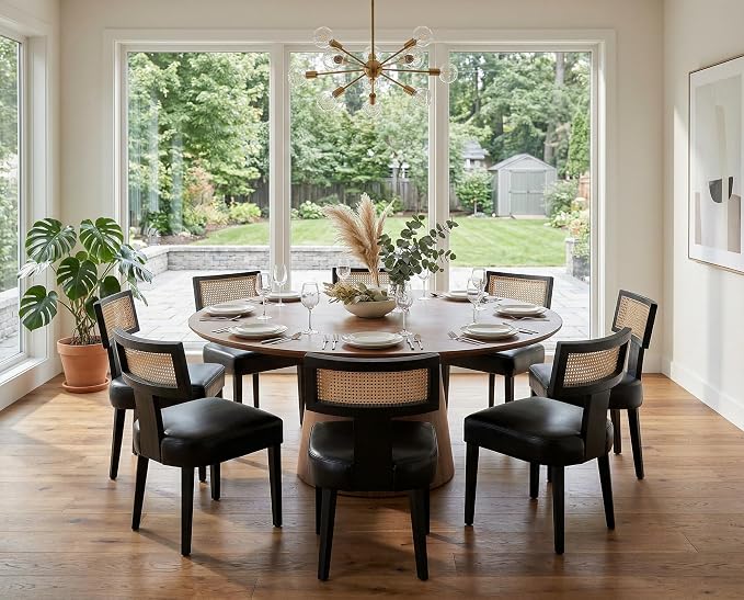 RIVOVA Rattan Dining Chairs Set of 6, Mid-Century Modern Dining Chairs, Kitchen Dining Room Chairs, Curved Cane Back Upholstered PU Leather Dining Chair with Black Wood Frame, Black