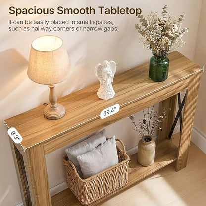 YATINEY Farmhouse Console Table, 39.4'' Small Narrow Entryway Table, Wood Couch Table Behind Sofa with Storage Shelf, Slim Farmhouse Hallway Table for Living Room, Hallway, Foyer, Light Walnut CT34VV