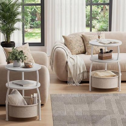 Round Side Table with Storage Basket, End Table Living Room, 15.7in | Side Tables Bedroom, 3-Tier Small End Table for Living Room, Garden, Corner Tables,Small spaces,Wooden, 24in Tall