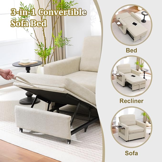 3 in 1 Folding Convertible Sleeper Sofa Bed Pull Out Couch with Side Pockets USB Port Side Table Single Sofa Bed with Adjustable Backrest for Living Room Bedroom 66" 66" Lightbrown 1 SEAT