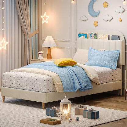 IDEALHOUSE Twin XL Bed Frames, Upholstered Platform Bed Frame with Bookcase Headboard, Velvet Platform Bed Mattress Foundation, Heavy Duty Steel Support Legs, Easy Assembly, Noise Free, Cream White