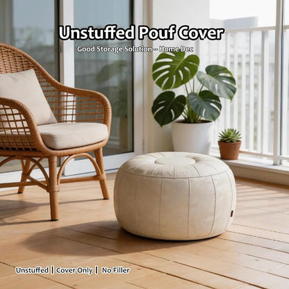 Thgonwid Unstuffed Moroccan Storage Pouf Foot Stool Ottoman Seat, No Filler Included, Handmade Faux Leather Bean Bag Floor Chair Foot Rest for Living Room, Bedroom or Balcony, Ivory White