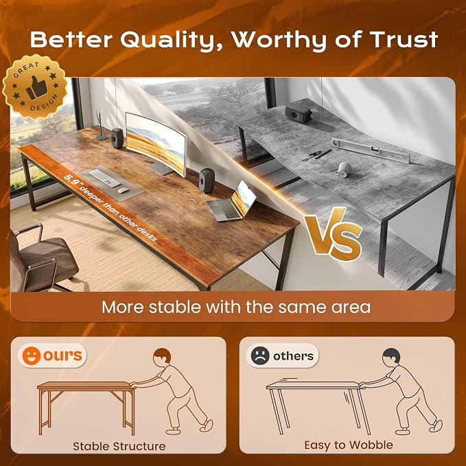 PRAISUN 70.8 X 29.5 Inch Computer Desk with Deeper Desktop, Gaming Office Writing Work Desk for Home Office, Study, Bedroom, Work from Home, Metal Frame, Rustic Brown