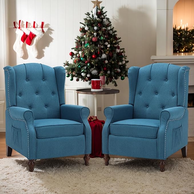 Wingback Recliner Chair with Massage and Heat Tufted Fabric Push Back Arm Chair, Recliner Chair for Living Room Bedroom Home Theater (2,Peacock Blue)