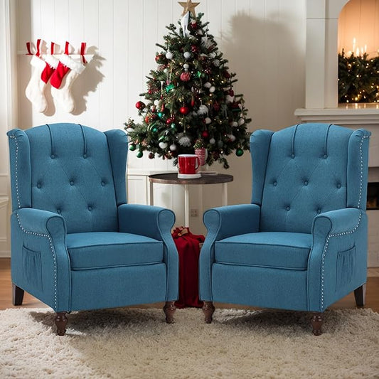 Wingback Recliner Chair with Massage and Heat Tufted Fabric Push Back Arm Chair, Recliner Chair for Living Room Bedroom Home Theater (2,Peacock Blue)
