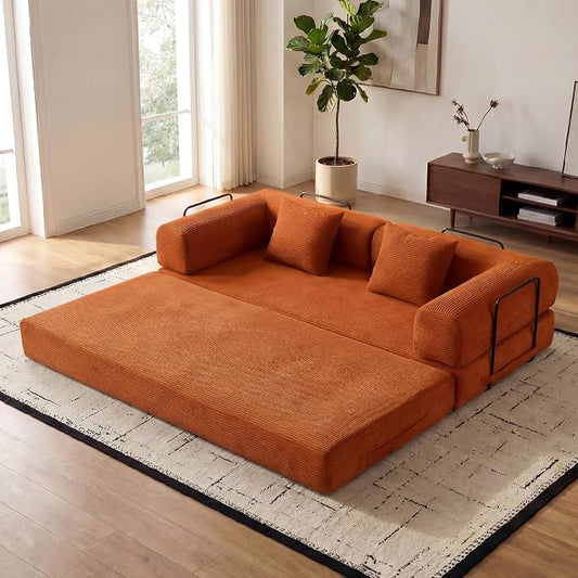 ZEIINPA Convertible Folding Couch Bed, Comfy Corduroy Sleeper Floor Sofa Bed with Fixed-Shape Frame, Floor Sofa with Armrest, Lounge Couch for Living Room Bedroom Lounge Studio, Orange