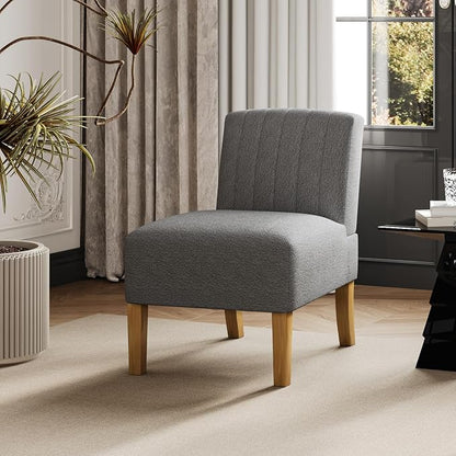 VIRRMO Armless Accent Chair for Living Room, Modern Slipper Chair With Solid Wood Legs, Makeup Vanity Fabric Comfy Upholstered Side Chair, Grey