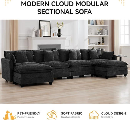 147'' Modualr Sectional Cloud Deep Seat Couch, Oversized Chenille U Shaped Sectional Sofa for Living Room Set, Comfy Upholstered Modular Sectional Sofa Couch with 2 Movable Ottoman, Dark Grey