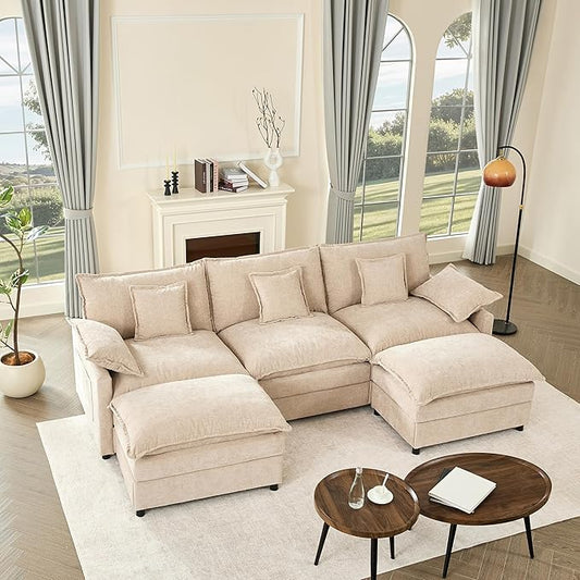GOSUHI 108" U-Shaped Modular Cloud Couch, Chenille Flat White | Cloud Comfort, Deep Seat, Couches for Living Room, Removable&Machine-Washable Covers, Movable Ottoman, Modular Sectional Sofa