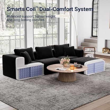 Avenco 141” U-Shaped Modular Sectional Couch Sofa with 2 Ottomans, Individually Wrapped Coil Support & Corduroy Fabric, Zero Assembly 6-Piece Set for Spacious Living Room, Black