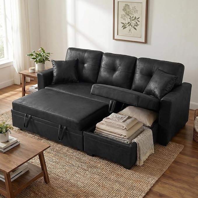 TYBOATLE Convertible Sofa Bed Couch with Reversible Storage Chaise, 71" L Shaped Pull Out Couch Bed, Comfy Linen Fabric Sleeper Sofa for Living Room, Apartment & Guest Room (Black)