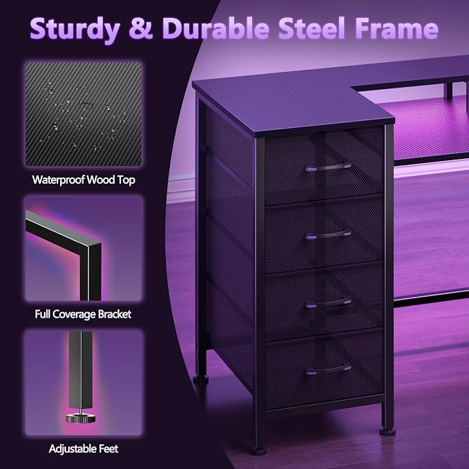 Korfile 47 Inch Computer Gaming Desk with Power Outlets & LED Lights Reversible Home Office Desk with Adjustable 5 Fabric Storage Drawers for Working Writing Study, Carbon Fiber Black