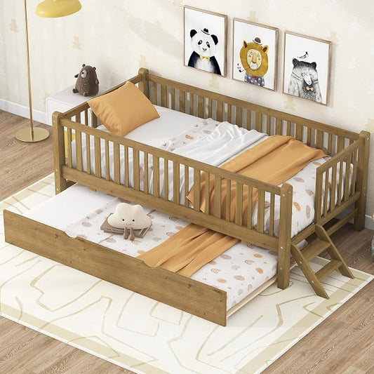 Merax Wood Twin Size Platform Bed with Guardrail and Trundle, Kids Bed Frame with Stairs, Walnut
