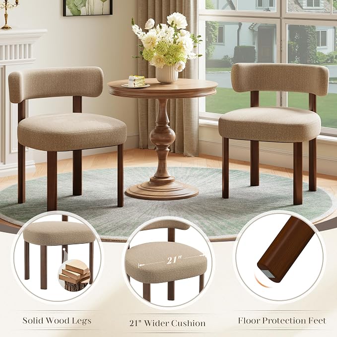 Wooden Dining Chairs Set of 4, Upholstered Kitchen Chairs with Solid Wood Legs, Mid Century Dining Room Chair with Ergonomic Curved Backrest for Kitchen Dining Vanity, Camel