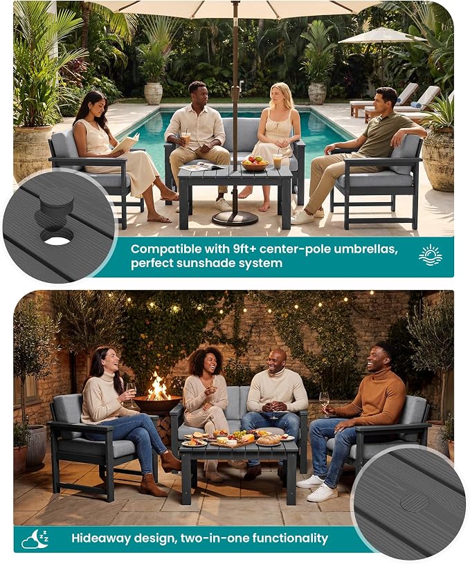 SERWALL 2 Pieces Single Cushioned Sofa Armchair, Grey HDPE Adirondack Outdoor Sofa Lounge with Grey Cushion