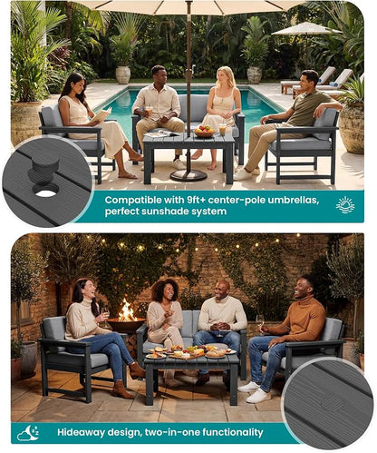 SERWALL 2 Pieces Single Cushioned Sofa Armchair, Grey HDPE Adirondack Outdoor Sofa Lounge with Grey Cushion