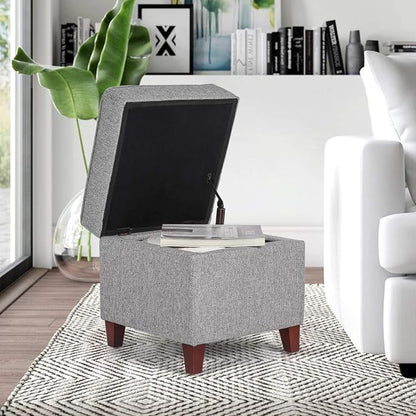 Adeco 17 Inch Square Linen Storage Ottoman for Living Room & Bedroom, Small Upholstered Footrest Stool with Hinged Lid and Wood Legs, Modern Accent Furniture, Light Gray