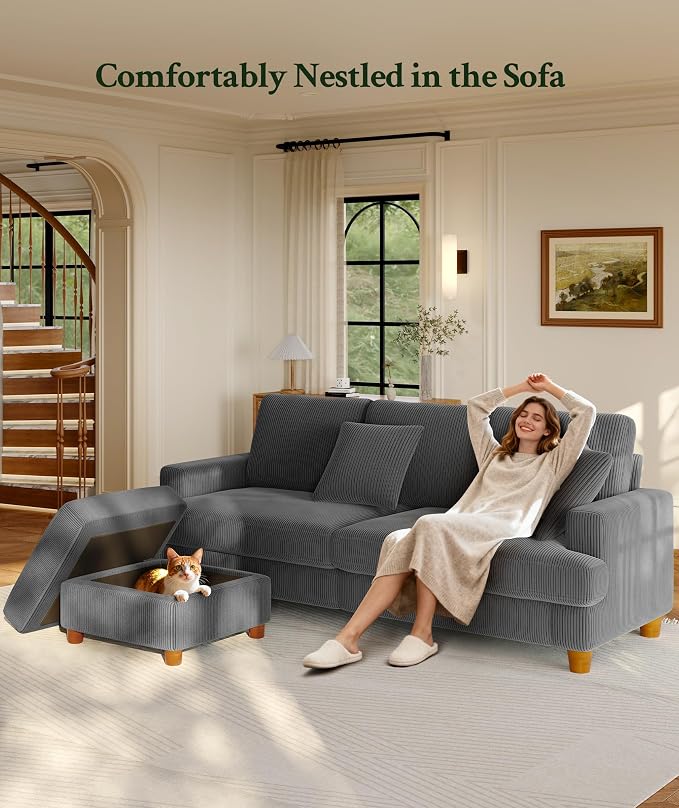 Welzona 87.2" Couches for Living Room, Comfy L Shaped Couch Grey 7.5" Thicker Cushion, Sofas for Living Room Tool-Free Setup, Loveseat with Ottoman 848lbs Support, Corduroy Couch for Bedroom, Office