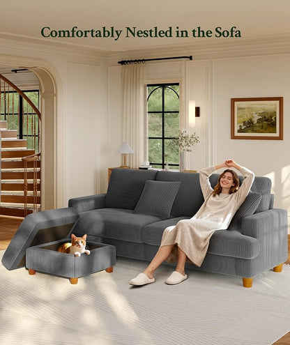 Welzona 87.2" Couches for Living Room, Comfy L Shaped Couch Grey 7.5" Thicker Cushion, Sofas for Living Room Tool-Free Setup, Loveseat with Ottoman 848lbs Support, Corduroy Couch for Bedroom, Office