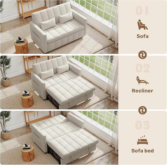 Nebuaegis Sleeper Sofa Bed,3-in-1 Convertible Pull Out Couch with Adjustable Backrest for Living Room,Loveseat Sofa Bed with Side Pockets,Easy Assembly,Beige,1 PCS