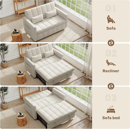 Nebuaegis Sleeper Sofa Bed,3-in-1 Convertible Pull Out Couch with Adjustable Backrest for Living Room,Loveseat Sofa Bed with Side Pockets,Easy Assembly,Beige,1 PCS