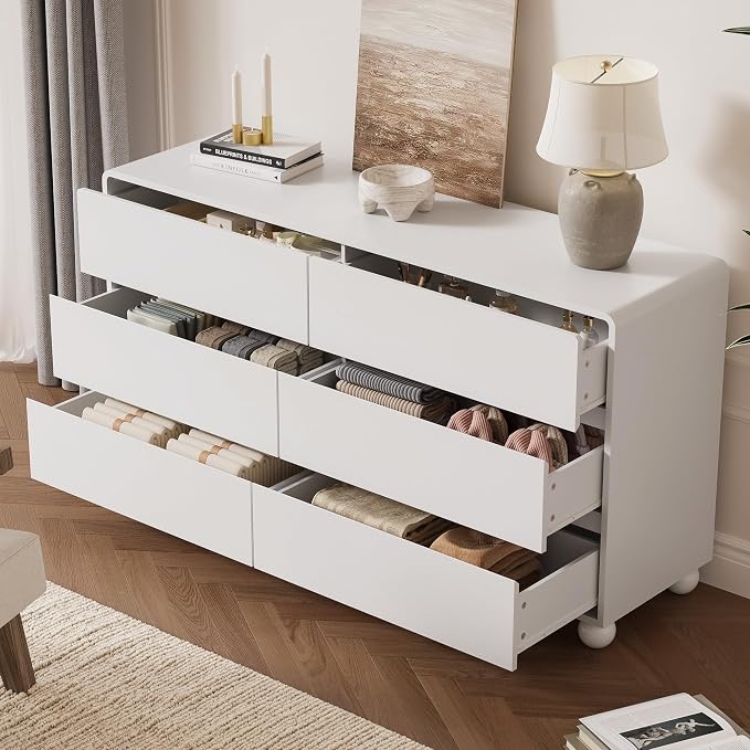 MAISONARIA Mid-Century 3-Piece Dresser Bedroom Set, 6 Drawer Dresser & 2 Drawer Nightstands with Curved Profile Design & Handle Free, Wood Chest of Drawers for Bedroom, Living Room, Hallway, White