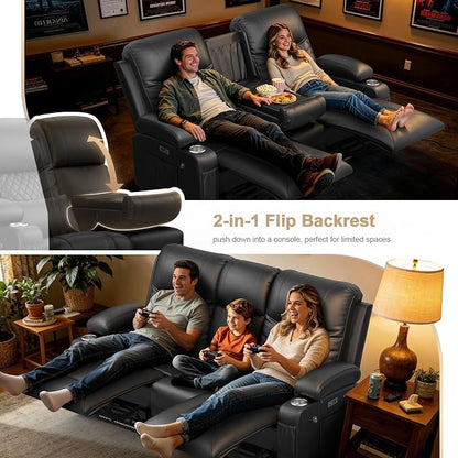 Power Loveseat Recliner Sofa, Electric Reclining Loveseat Couch with Console, Home Theater Seating with Bluetooth Speaker & LED Light, Zero Wall Hugger RV Sofa Furniture with Built-in Outlet & Storage