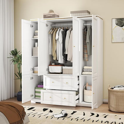 White Wardrobe with 2 Drawers: 74" Large Wardrobe Closet for Hanging Clothes, Tall Armoire Closet with 4 Doors, Bedroom Armoires with Hanging Rod (59")