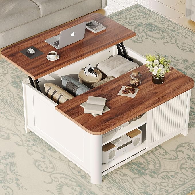 Decofy Lift Top Coffee Table with Storage Mid Century Modern Square Coffee Tables for Living Room, Large Hidden Storage Compartment, Adjustable Shelves & Sliding Door