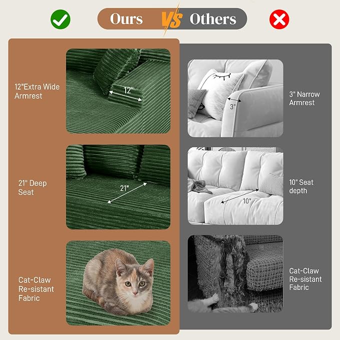 108" L Shaped Cloud Boneless Sectional Couches for Living Room, Modern Comfy Modular Deep Seat Memory Foam Compressed Corduroy Sofa Oversized Left Facing Chaise, No Assembly Required, Green