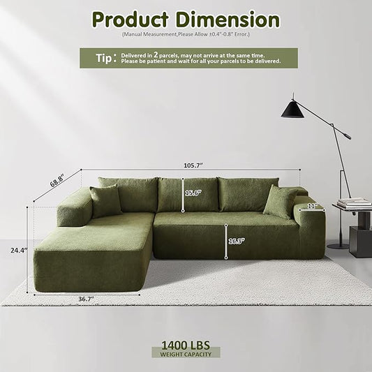 ovios 104" Cloud Boneless Couch with L-Shape Chaise,Modern Sectional Modular Sofa with Deep Seat, Upholstered Couches for Living Room Bedroom,No Assembly Required, Green (Cloud Velvet)