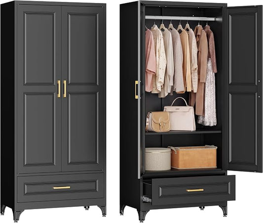 Metal Armoire Wardrobe Closet with Hanging Rod, 71" Tall Wardrobe Cabinet with Doors and Adjustable Shelves, Clothing Storage Cabinets with Drawer for Bedroom