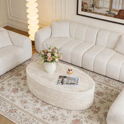 43.7" Oval Marble Coffee Table, Modern Round Coffee Tables, Faux Stone Center Tables, Small Accent Tea Table, Luxury Fiberglass Side End Table for Living Room Aparment Office, No Assembly
