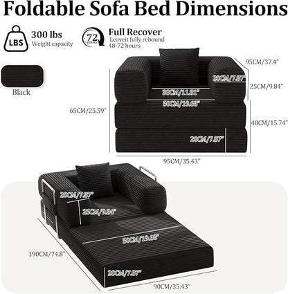Single Couch Sofa for Small Spaces 2 in 1 Convertible Sleeper Sofa to Lounger Comfy Bean Bag Chair for Adults Removable Cover with Pillows for Bedroom, Apartment, Office, Black, 35.43" Single Sofa