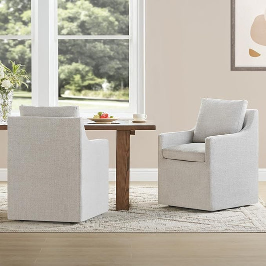 KISLOT Upholstered Dining Chairs Set of 2, Washable Cover Modren Deskchair with 4 Casters & Hidden Storage for Dining Room, Living Room, Home Office, Linen, 2 Box