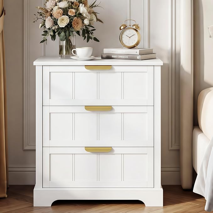 ChooChoo White Nightstand Set of 2, 3 Drawer Night Stand with Charging Station, Larger Bedside Table with USB-C, Modern End Table with Storage for Bedroom